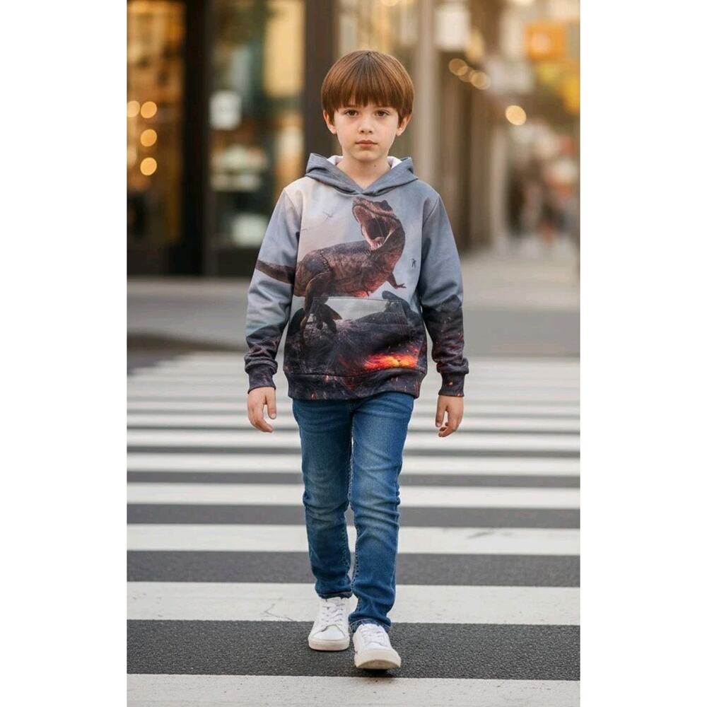 Toddler Boy's T REX Dinosaur Hoodie Pockets Sweatshirt Back Front Print Size 5T
